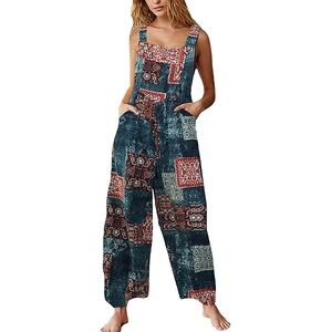 Boho Bib Overall Paisley Floral Wide Leg Boho Artsy Sz XXL